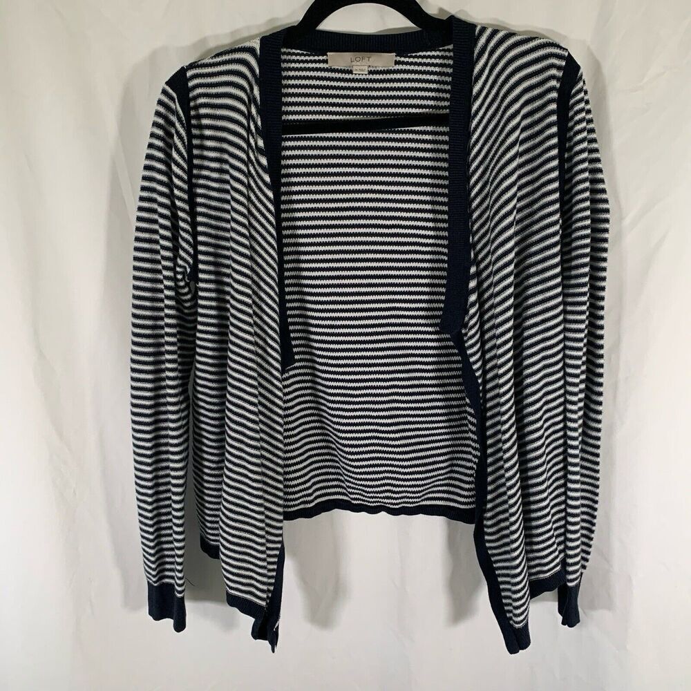 LOFT Cardigan Women's Medium Blue White Striped Knit Open Front 100% Cotton